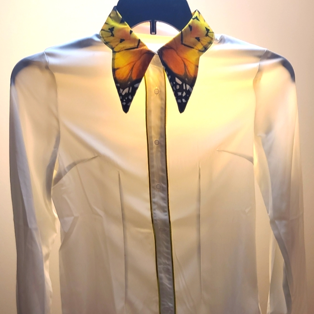 White Shirt Yellow Butterfly Collars Women Blouse